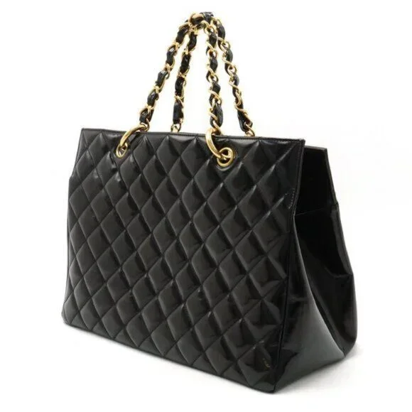 CHANEL CC Patent Shopping Tote Quilted Chain Shoulder Bag Gold Purse - Picture 4 of 16